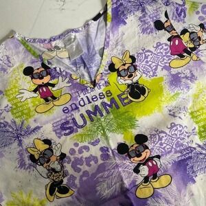 Disney Mickey Minnie Scrub Top Women's Size S Purple Endless Summer V-Neck